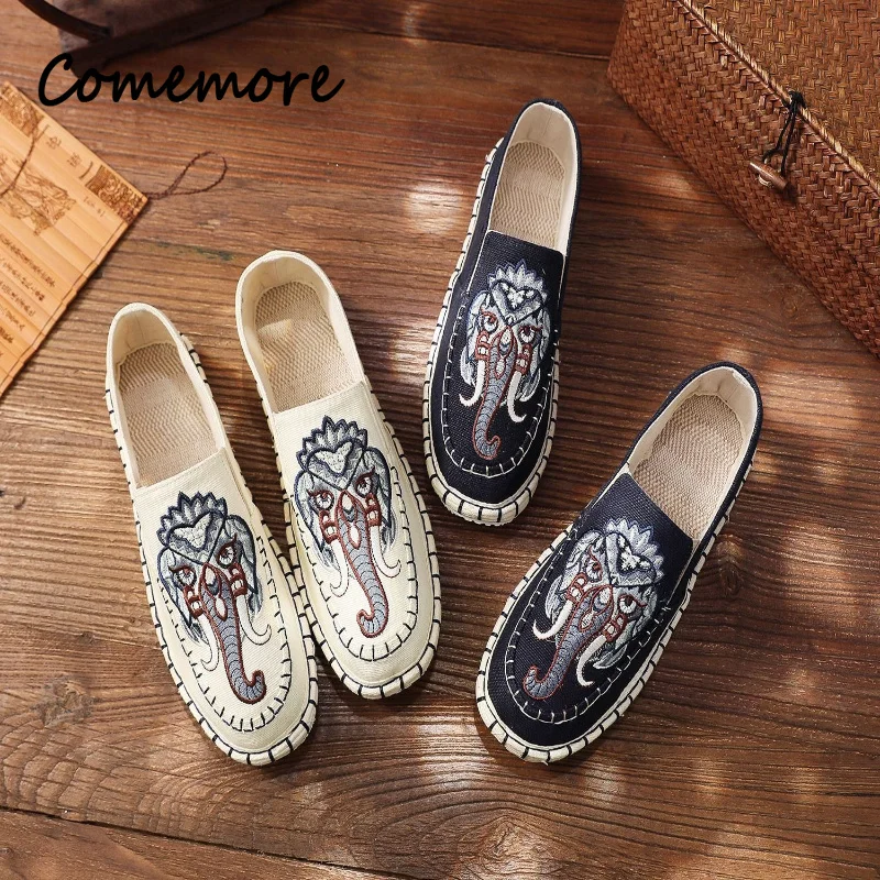 Classic Embroidered Men's Canvas Flats Shoes Chinese Style Slip on Casual Breathable Footwears Comfort No Slip Male Loafers