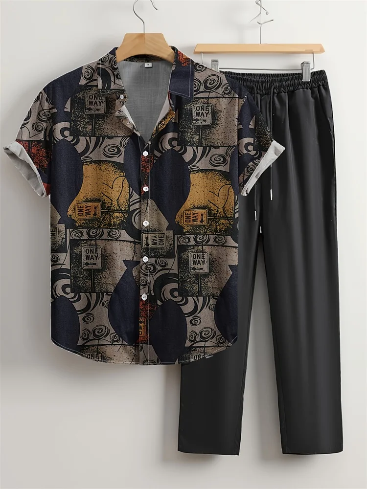 

Retro Fashion Men's Casual Short-sleeved Shirt And Long Pants Set, Daily Street Fashion Trend Men's Autumn 2pcs Set S-2XL