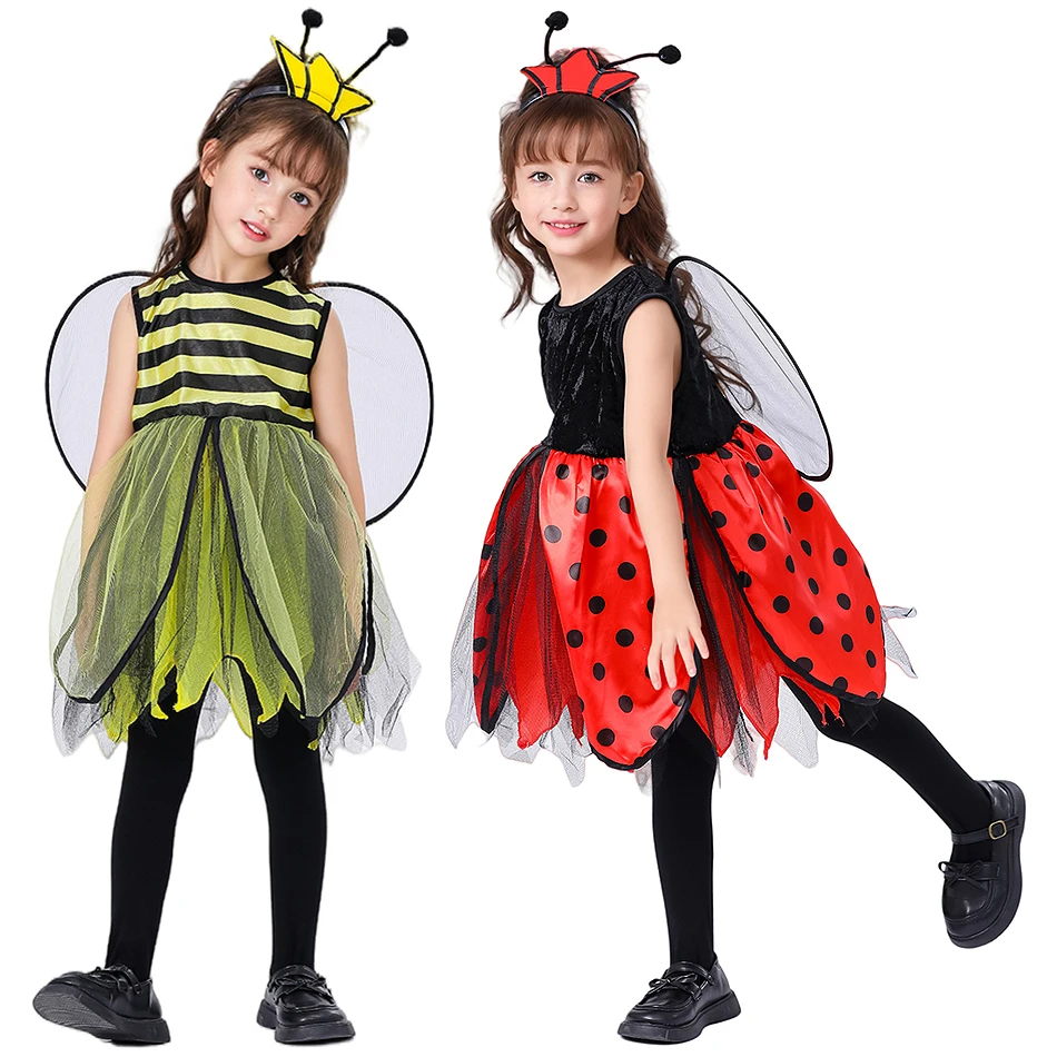 

Kids Ladybird Bee Cosplay Performance Dress Halloween Carnival Xmas Disguise Frocks Girls Cartoon Insect Sleeveless Outfits