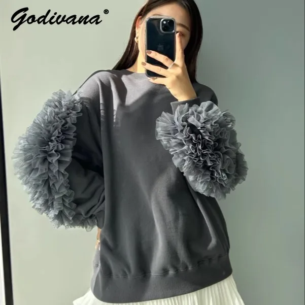 Japanese 2024 New Autumn Cute Sweet Tulle Stitching Women's Pullover Sweatshirt Round Neck Solid Color Casual Hoodie Tops