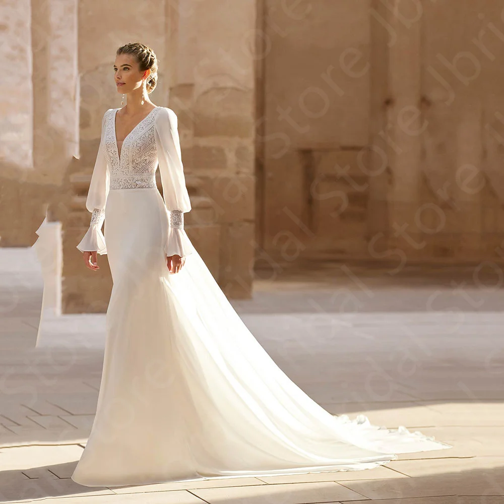

Customized Graceful Lace Wedding Dresses Long Sleeves Bridal Gowns V Neckline Bride Dresses Cut Out Back Wedding Gowns 2025