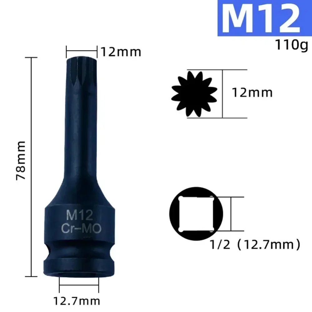 

1Pcs Metric 1/2 Inch Shank Electric Drill Socket Adapter 78mm Length Cr-Mo Steel 12 Point Torx Socket Long Bit M5-M19