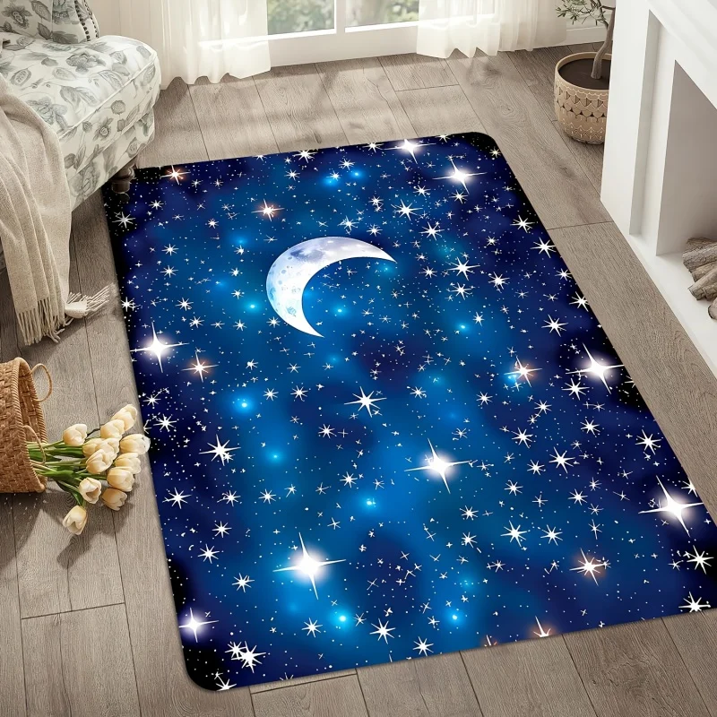 Blue Night Sky Shining Star Crescent Moon Print Large Area Rug Soft Flannel Non Slip Floor Carpet for Living Room Space Style
