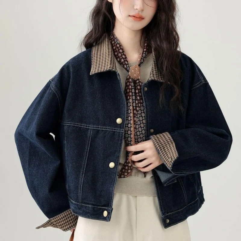 

Spring And Autumn New Hong Style Turn-Down Collar Plaid Patchwork Short Women Trendy Petite Top