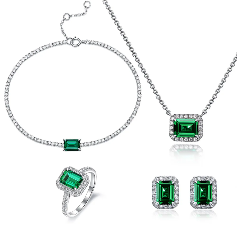 Lab Grown Emerald Necklace Set S925 Sterling Silver Emerald Cut Zambian Color Green Gemstone Jewelry Christmas Gift for Women