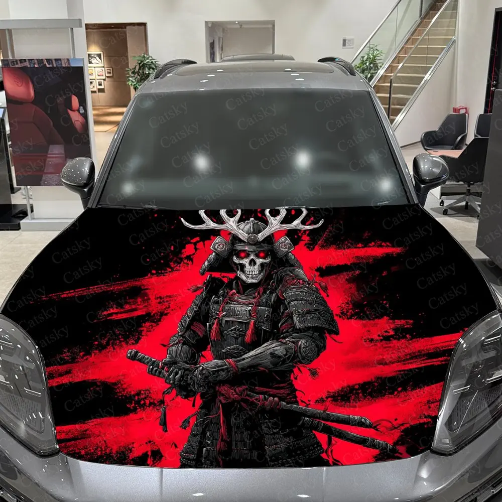 Japanese Style Samurai Skull Car Vinyl Wrap, PVC Waterproof Car Hood Sticker, Self-Adhesive Scratch-Resistant Stickers