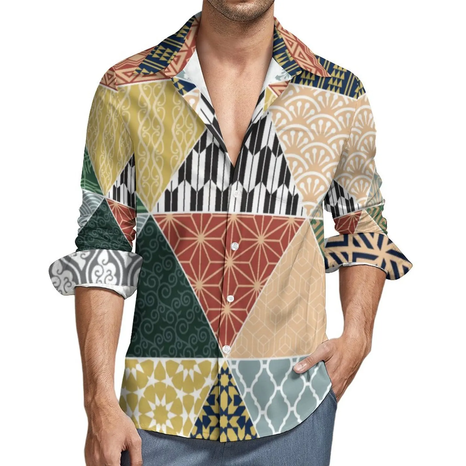 

Colorful Patchwork Blouse Man Tribal Ethnic Print Shirt Long Sleeve Elegant Breathable Casual Shirts Spring Clothing Plus Size