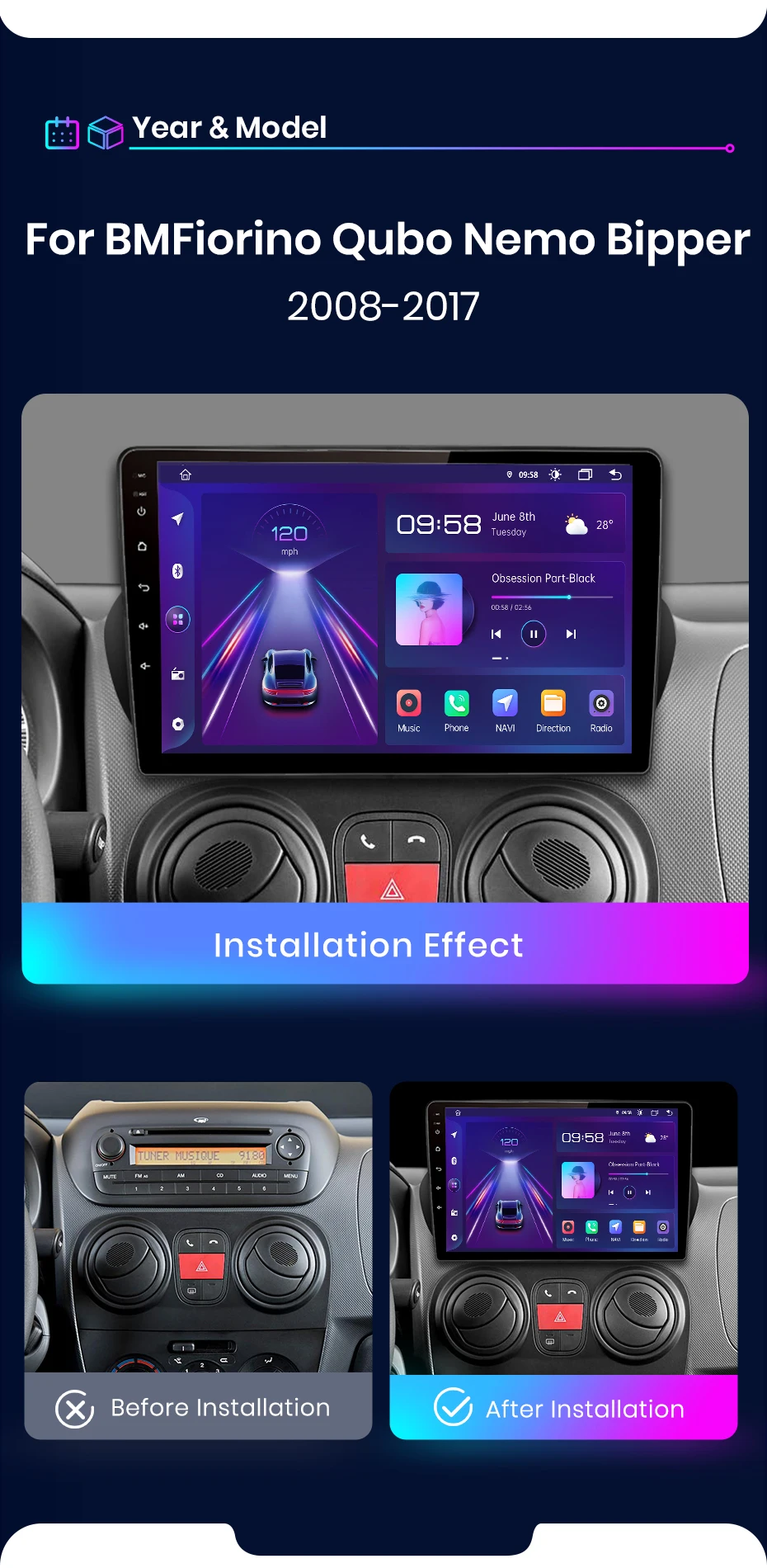 Junsun Wireless CarPlay für Apple Android14 Auto Autoradio für Fiat Fiorino Qubo Citroen Nemo Peugeot Bipper 2008-2017 Stereo – Detail 3