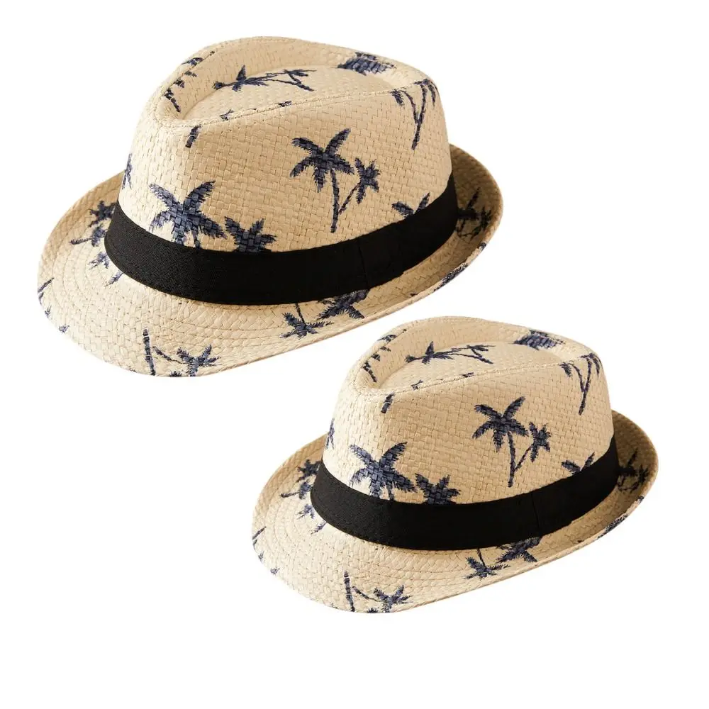 UV Protection Straw Hat Summer Wide Brim Coconut Trees Pattern Beach Cap Casual Travel Jazz Hat Children Kids