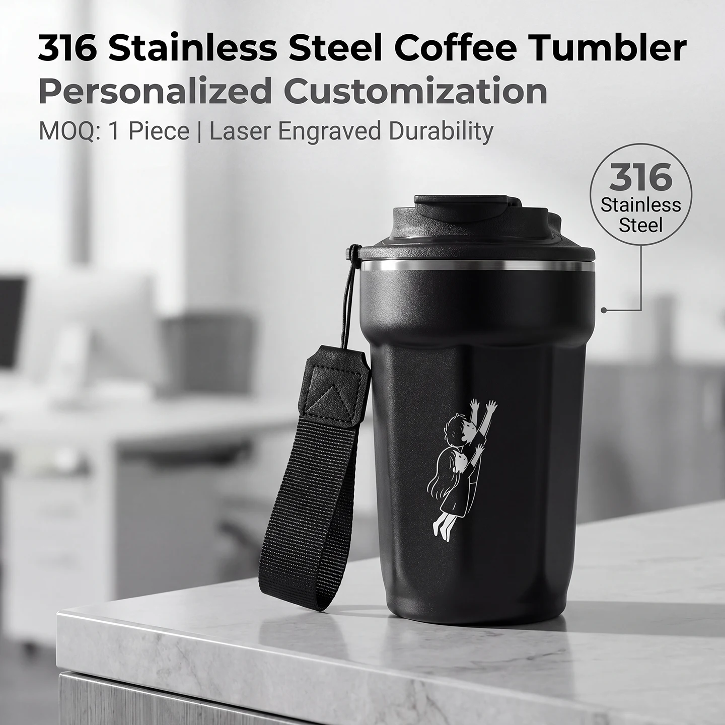 450ml 316 Stainless Steel Vacuum Insulated Thermos Cup Flask Custom Coffee Tumbler Portable Travel Mug with Carry Strap for Car