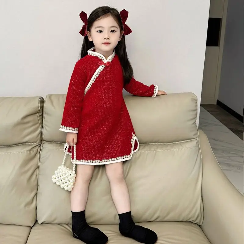 

girls' cheongsam dress retro Chinese style Hanfu dress western-style children's velvet princess dress New Year's clothing