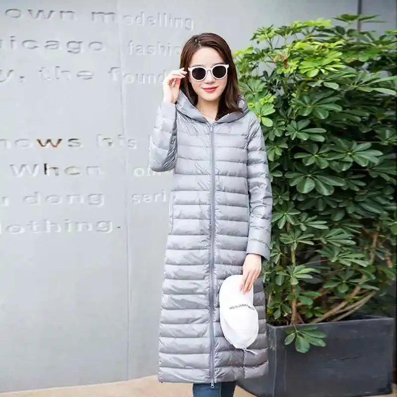 Woman's Ultra Light Down Jackets Slim Hooded Knee Length 90% White Duck Down Coats Women Warm Down Parkas Lady Overcoat JK-790