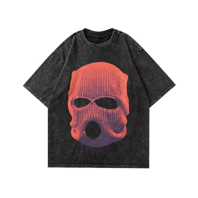 

2025 Summer Washed and Aged Bandit Mask Short Sleeve T-Shirt, High Street Niche Design Style Cotton T-Shirt for Men and Women