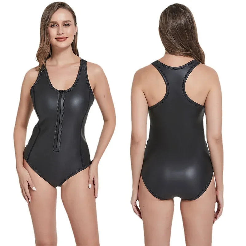 Smooth Leather Swimsuit for Women, Super Elastic Triangle, One-piece Wetsuit, Warm Swimming, Snorkeling Suit, CR, 2mm