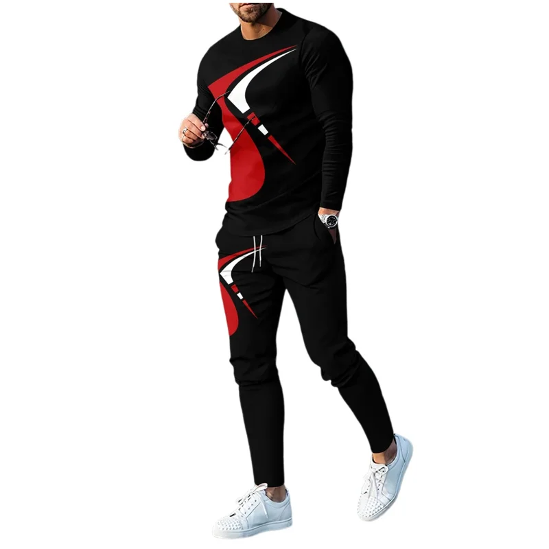 Nuevos trajes deportivos de moda para hombre, conjunto de camiseta de manga larga, pantalones, traje para correr con estampado 3D de 2 piezas, ropa de calle informal para hombre, conjuntos de 2 uds