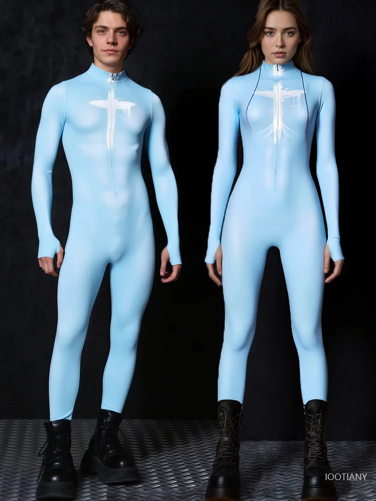 

Blue Zentai Bodysuit For Men Women Carnival Halloween Couple Cosplay Costume Festival Bodysuit Human Muscle Print Tights 2025