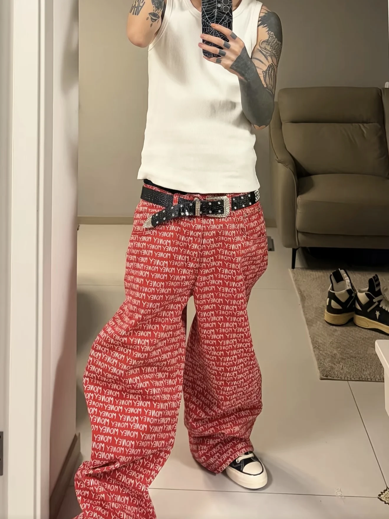 

American Letter Digital Print Red Denim Jeans Unisex Casual Loose Wide Leg Pants Street Style Versatile Cotton Straight Leg J...