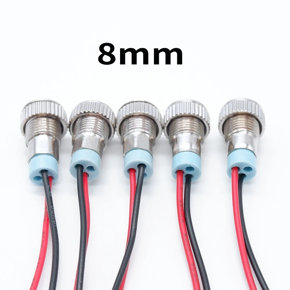 ไฟแสดงสถานะโลหะ LED ขนาด 8 มม. 100 ชิ้น พร้อมสายไฟ 3V 5V 12V 24V 110V 220V สีแดง เหลือง น้ำเงิน เขียว ขาว