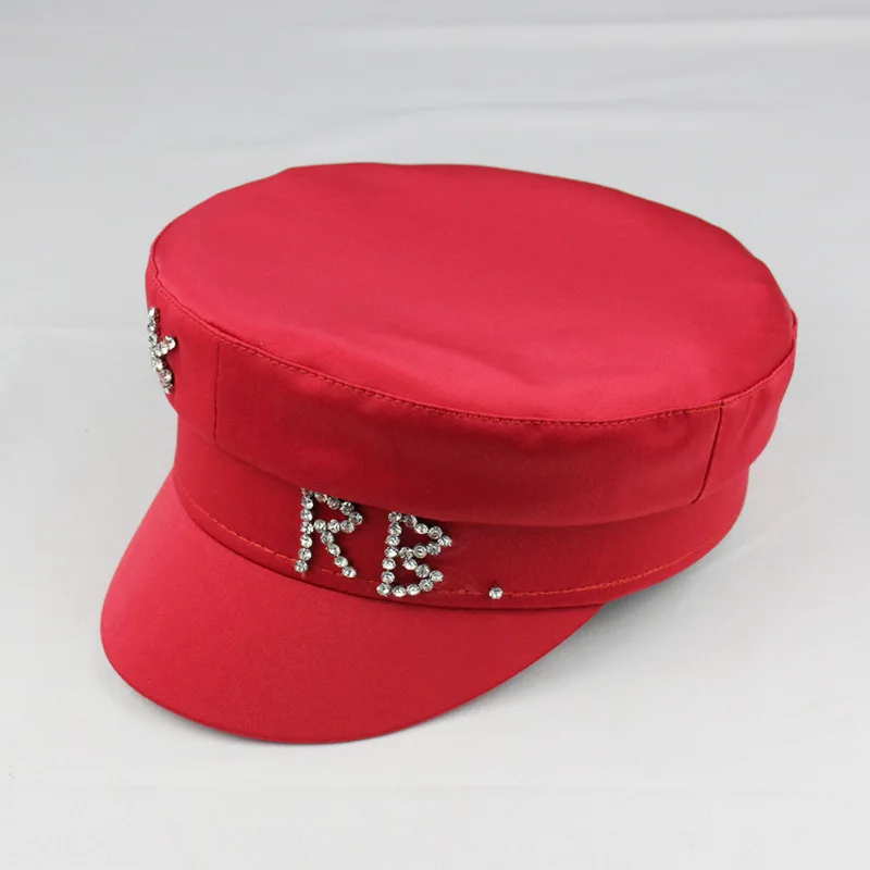 2022 Trendy Satin Letters Flat Top Military Hats Brand Designer Spring Summer Newsboy Cap Crystal Baker Boy Hat Visor