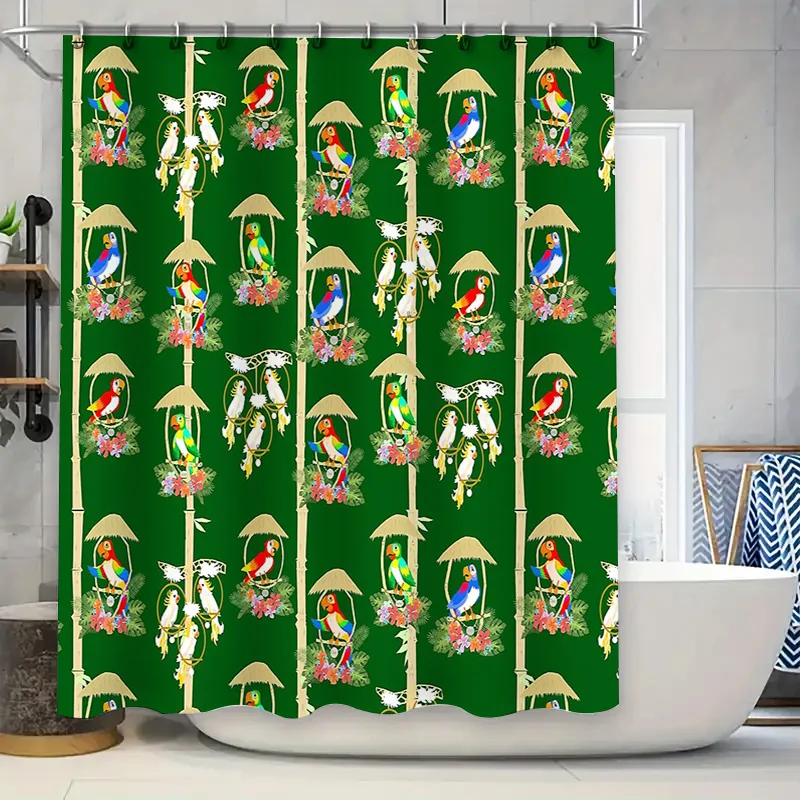 Tropical Shower Curtain Peacock Bird Pattern Waterproof Bathroom Decor Vintage Nature Teal Blue Green Backdrop