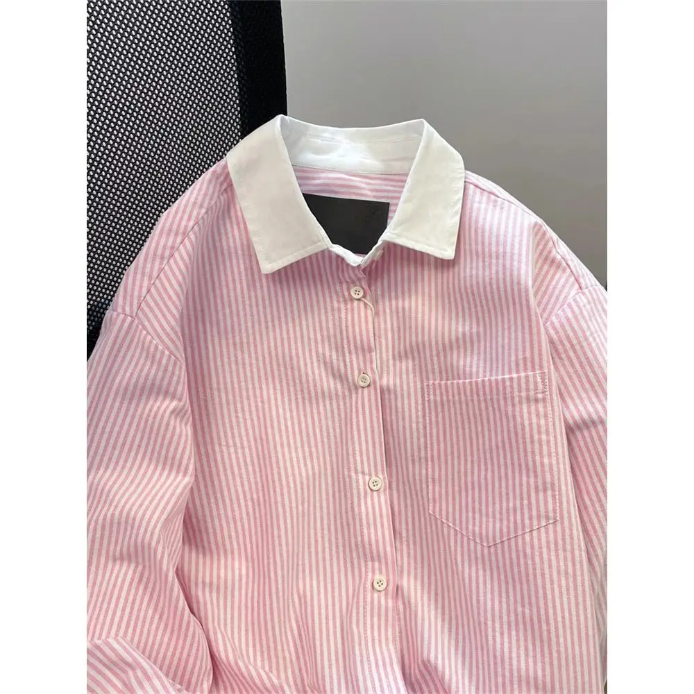 การออกแบบ Sensual สีชมพูลายเสื้อแขนยาวผู้หญิงฤดูใบไม้ผลิสีตัดกันเสื้อโปโลอเนกประสงค์อารมณ์ TOP