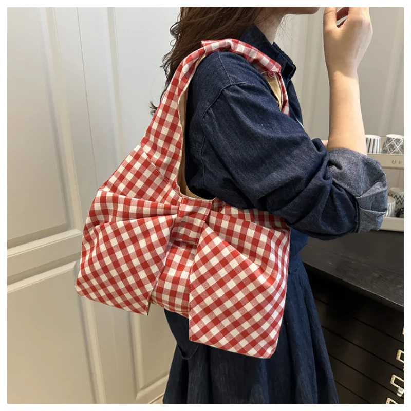Lightweight Korean Style Bow Shoulder Bag Bowknot Fashion Plaid Tote Bag Cute Printing Canvas Vest Bag Women