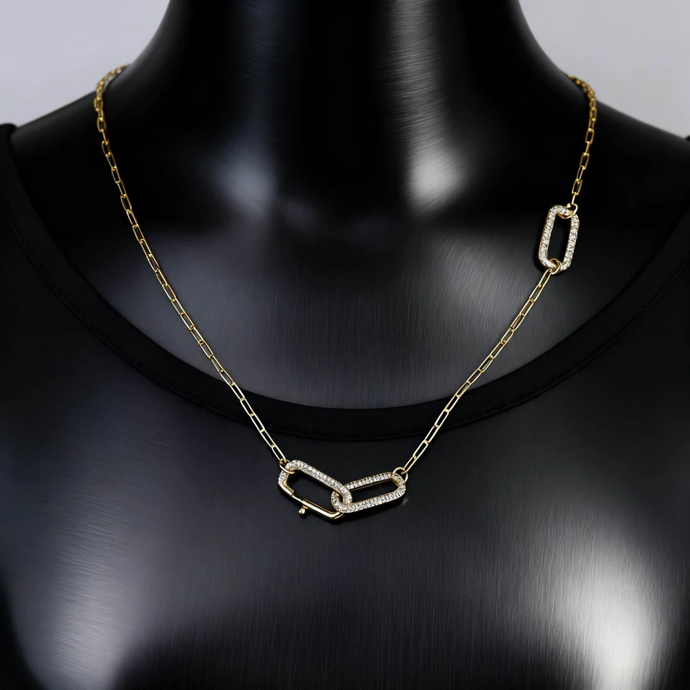 Geometric Crystal Rectangle CZ Pendant Necklace for Women Long Sweater Chains Y Lariat Paper Clip Chain With Open Clasp Jewelry