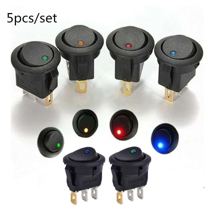 5Pcs ON/OFF 12V Round Rocker Dot Waterproof LED Light Luminescence Toggle Switches Car Accessories