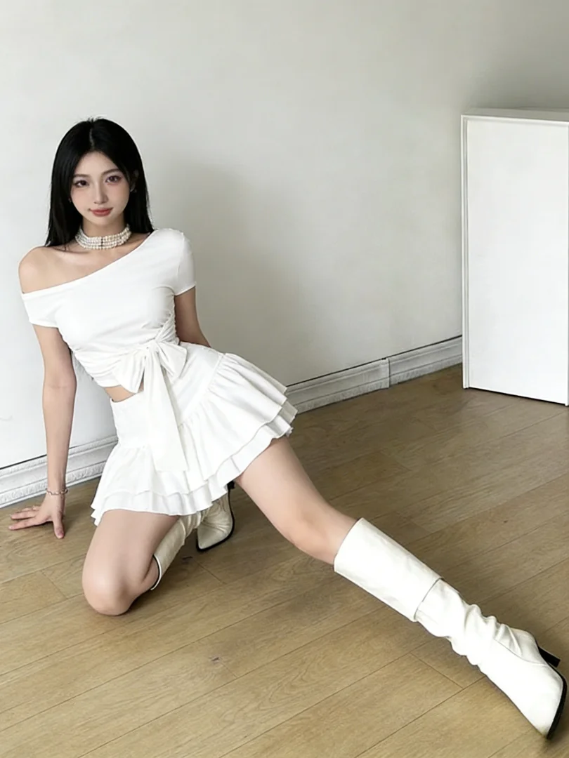 NUOMICI Gonna a vita alta da donna a maniche corte con fiocco diagonale bianco Gonna semplice ed elegante da ragazza sexy in stile gruppo Abito a due pezzi