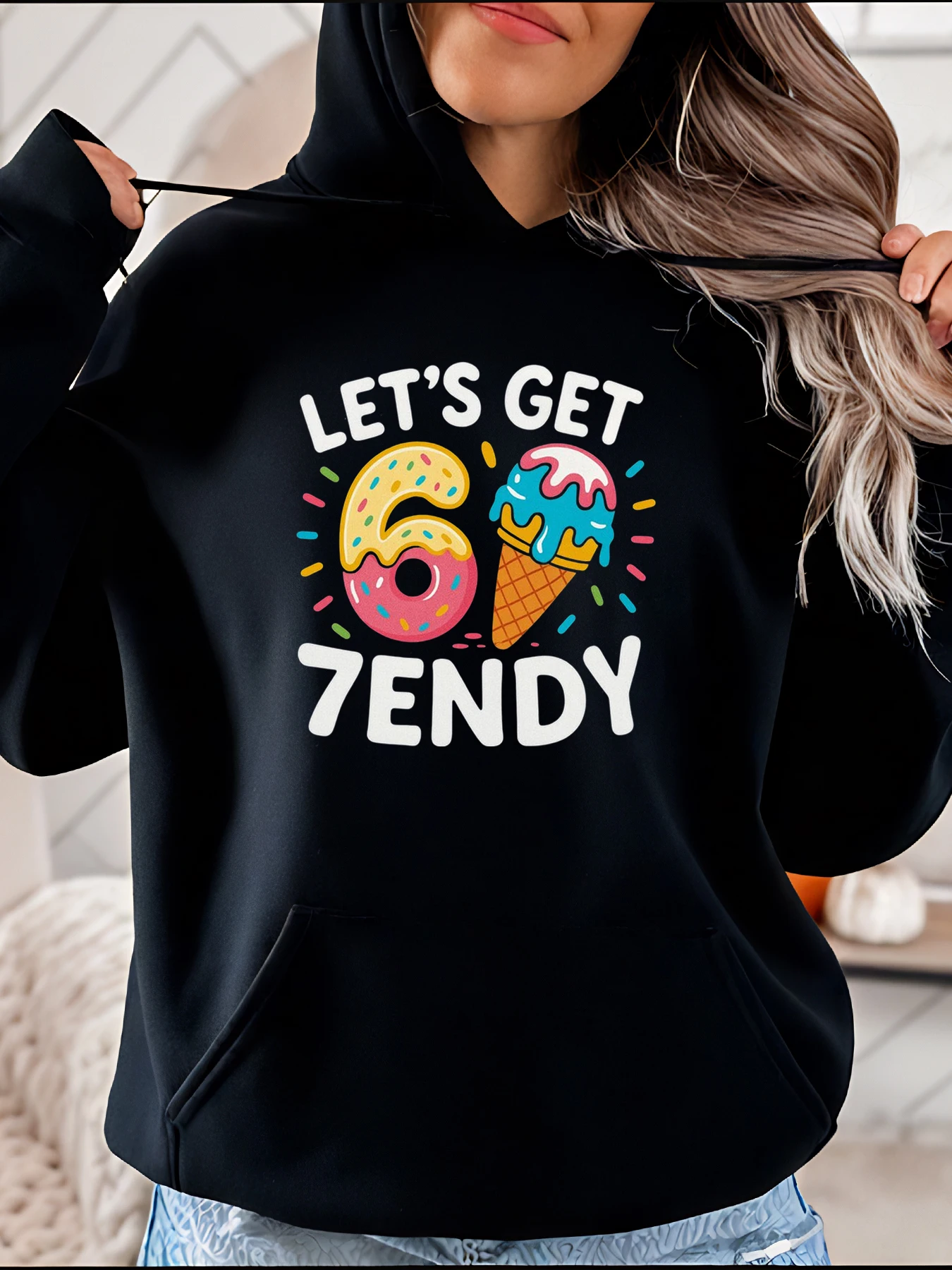 

Cute Let's Get 6 Tendy Hoodie with Donut and Ice Cream Print Funny Sweatshirt for Women Casual Streetwear Fashion Gift