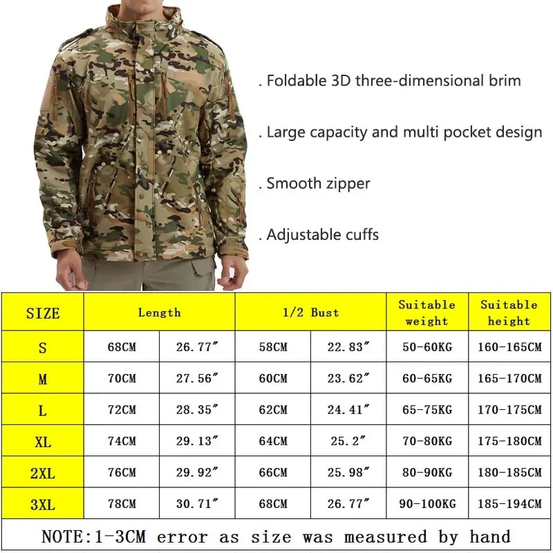 แจ็คเก็ตกลางแจ้งผู้ชายหนา Soft Shell Camo ยุทธวิธีกันน้ําการล่าสัตว์เสื้อผ้า Windbreaker Combat Jacket Mens Hooded เสื้อขนแกะ