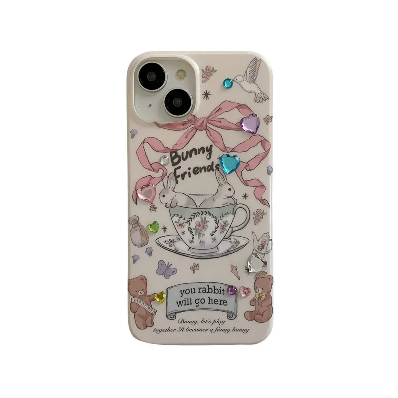 Retro Pink bow tie Porcelain teacup rabbit rhinestone art Phone Case For iPhone 16 15 14 13 12 Pro Max Case Cute cartoon Cover image 6