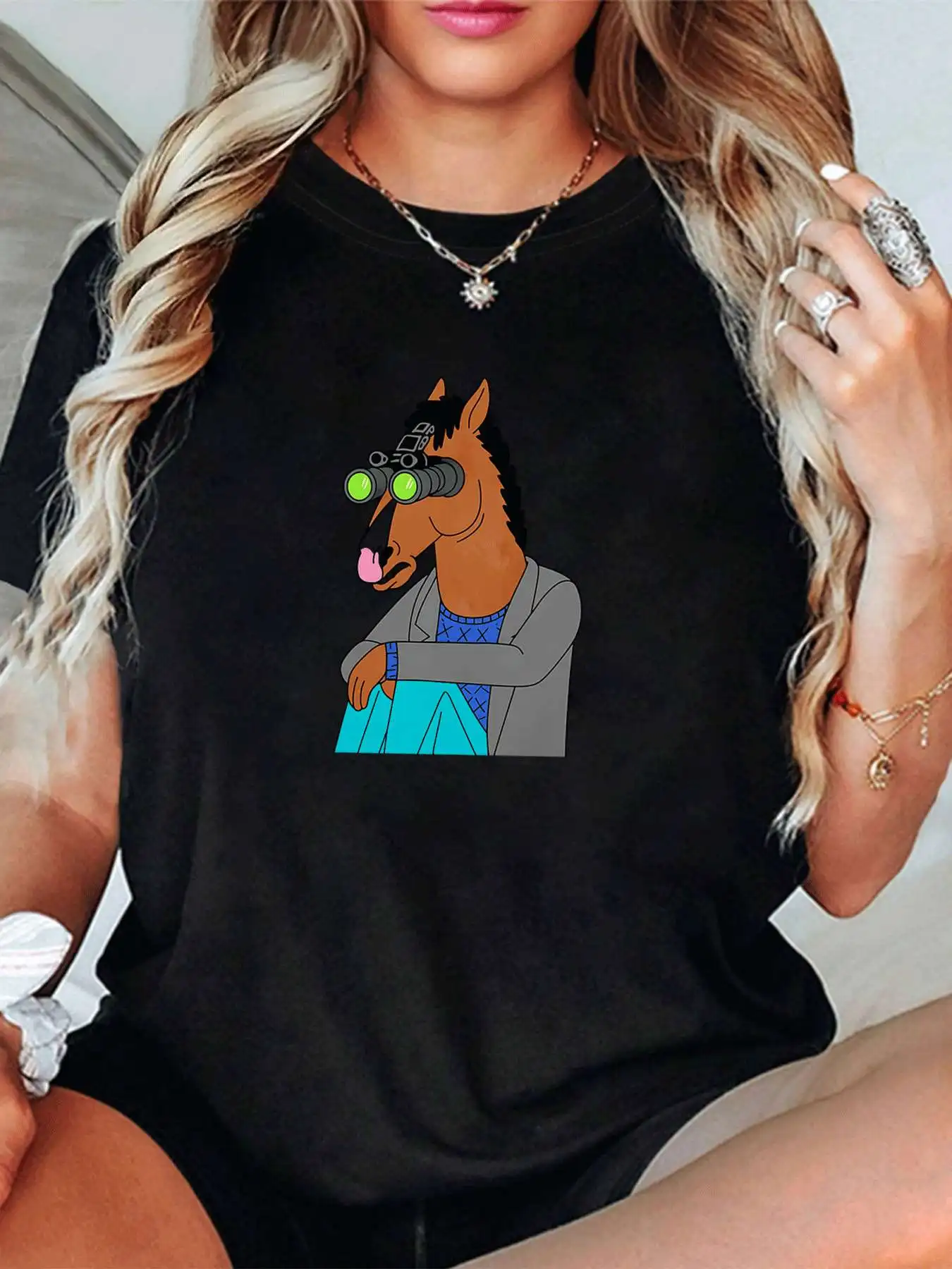 

【1146942】Plus size women's round neck short sleeve T-shirt with elastic half sleeves and trendy prints