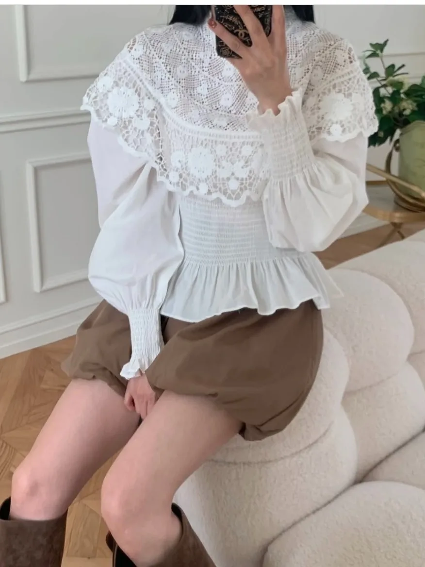 Ele Lace Trim Hollow out irt Feminino Emagrecimento Cintura Design Primavera Outono Faionable Commute Sle Long Sve Top