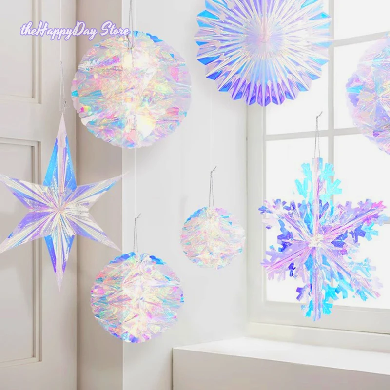 Iridescent Hanging Decorations Garland Iridescent Hexagon Honeycomb Ball Fan Snowflake Star for Christmas Wedding Birthday Decor