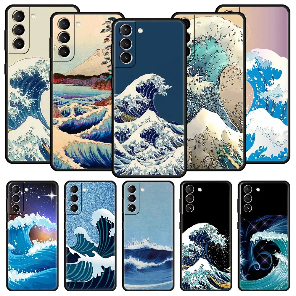 The Big Wave of kanagawa Case For Samsung Galaxy S22 Ultra S21 S20 FE 5G S10 S9 S24 Plus S10E S23 Phone Cover Black