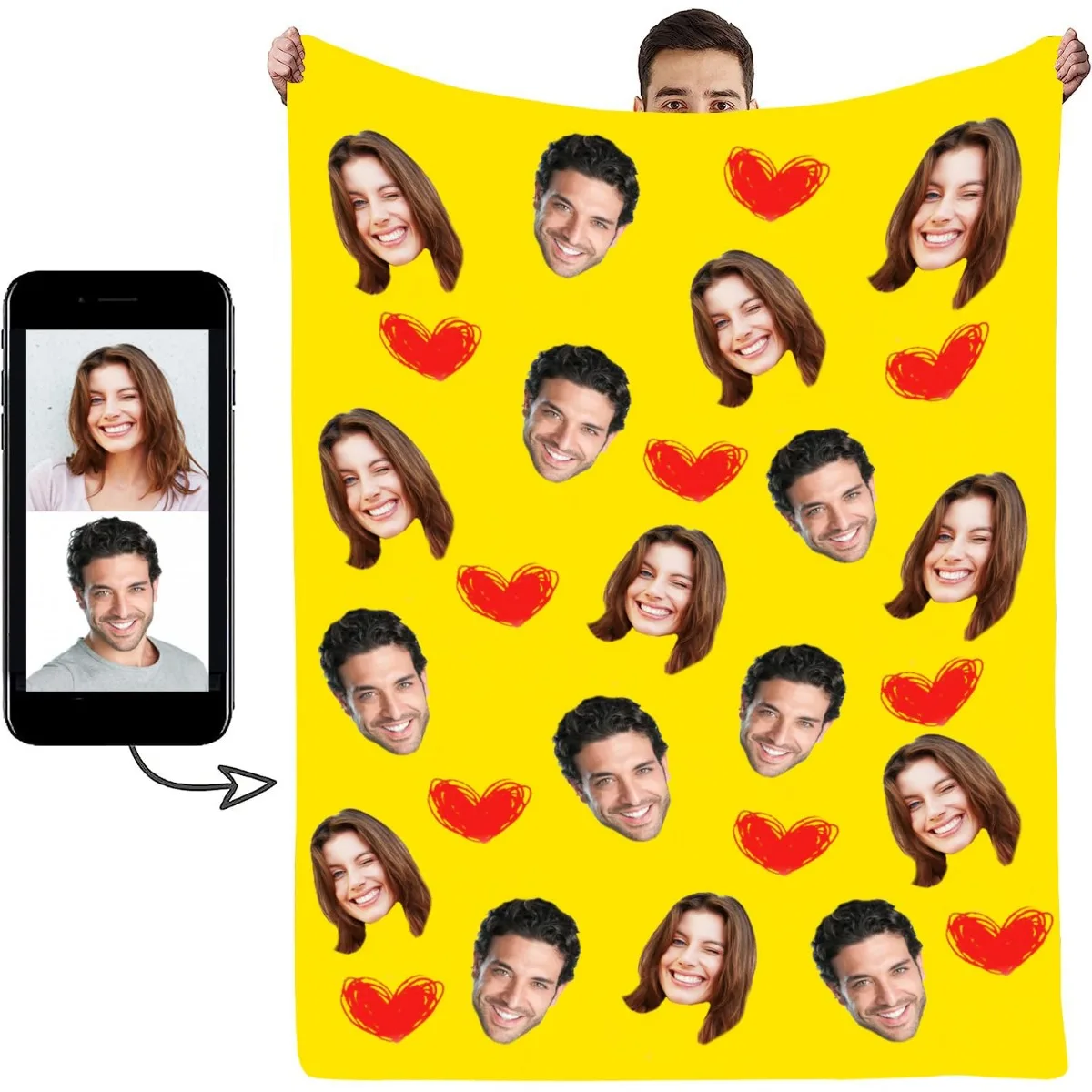 Custom Photo Face Blanket Personalized Faces All Over Blanket,Funny Face Blanket for Couch Bed Sofa Valentine Spouse Gag Gift