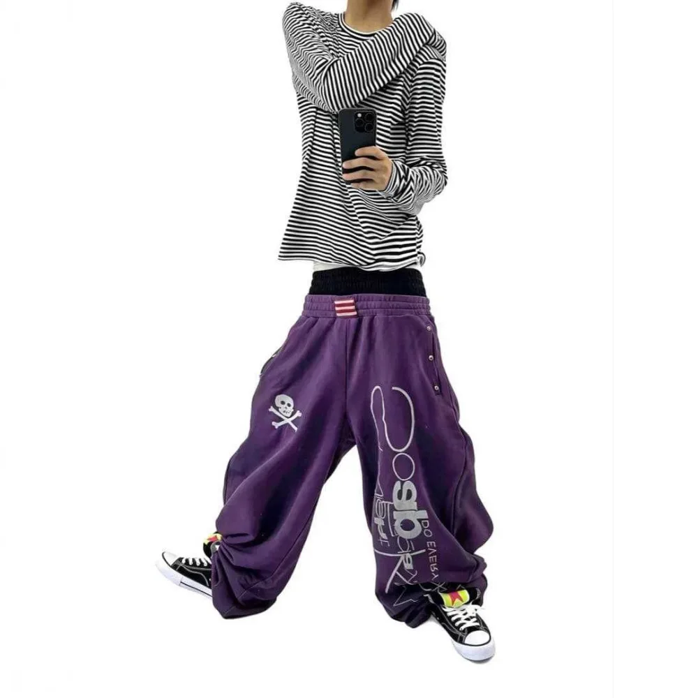 Y2K Hip Hop Vintage Washed Purple Sweatpants Unisex Skull Graphic Print Double Waistband Baggy Wide Leg Streetwear Trousers