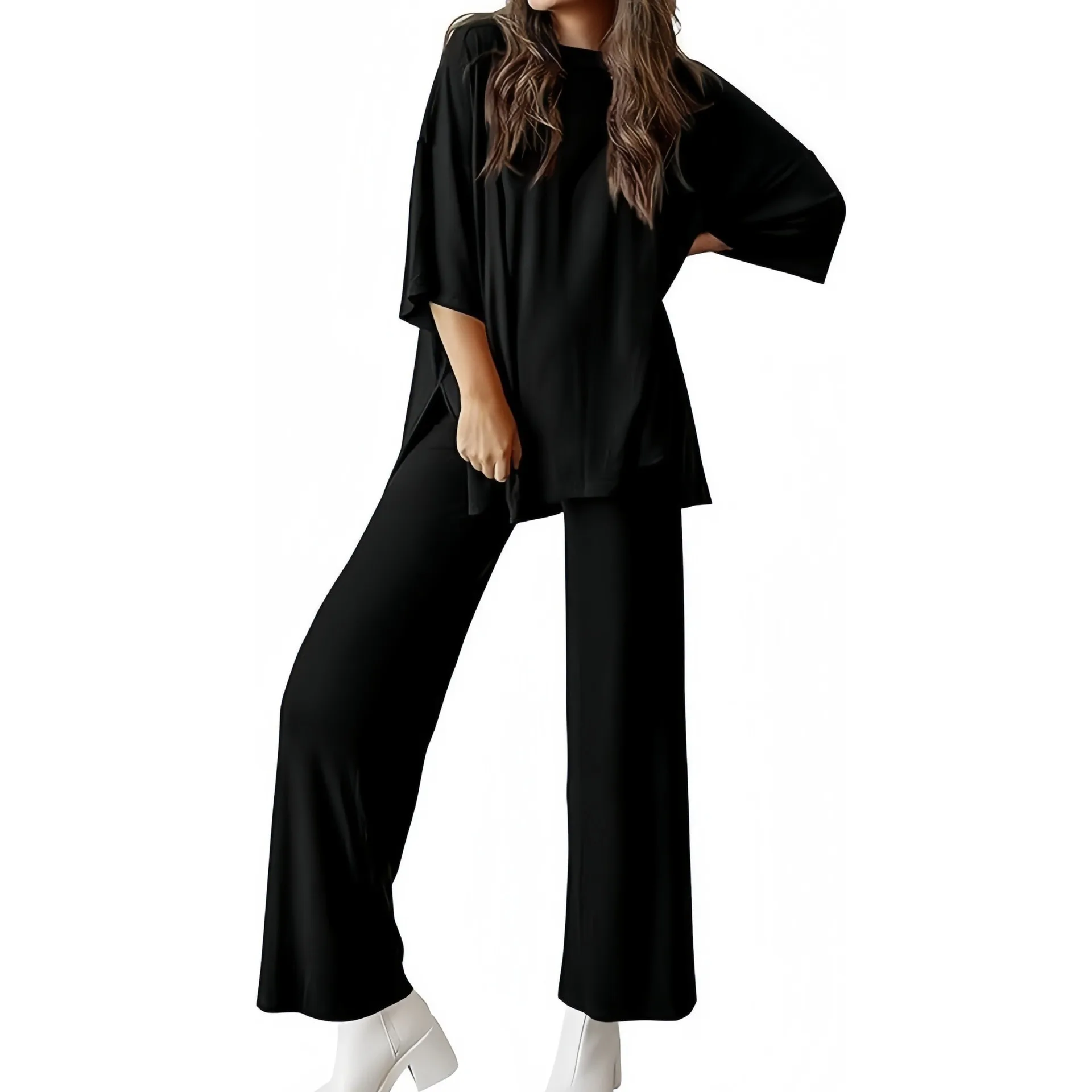 Patchwork Capri Pants Set Casual with Spring Drop Shoulder Home Wear Japanese Korean Casual Cap Sleeve T Shirt Top Set Women