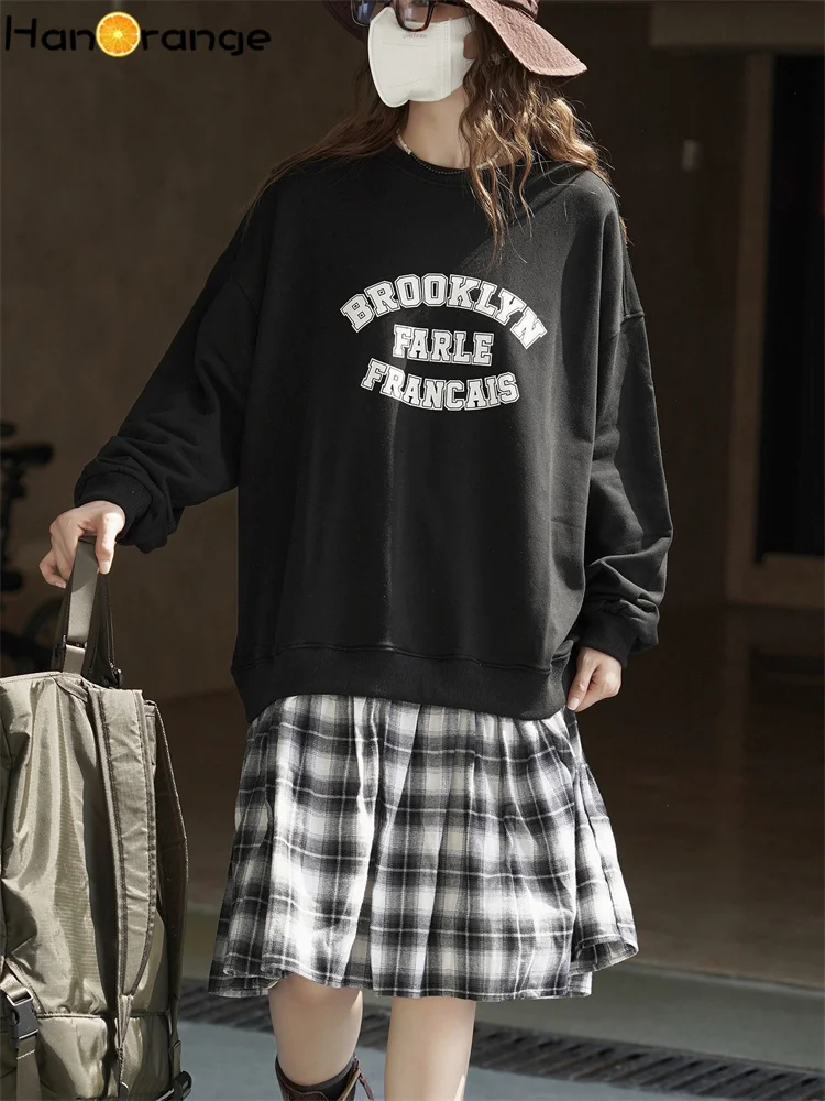 

HanOrange 2025 Autumn Winter Sweet Cool Letter Splicing Grid Fake Two Piece Dress Fashion Personalized Midi Dress