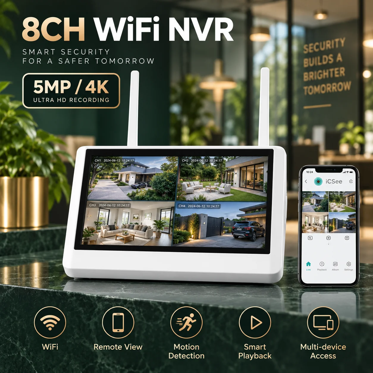 Face Detecion 8CH WiFi NVR Security System with 7 Inch Screen H.265 CCTV Audio Video Recorder Supports ICSEE XMEYE 4K 4CH 5MP