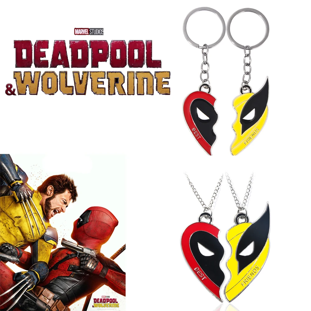 New Superhero Movie Deadpool and Wolverine Best Friends Keychain Heart Matching Pendant for Women Men Cosplay Jewelry Gift