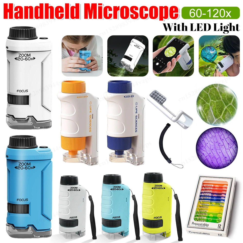 Outdoor Pocket Microscope for Kids LED Light Battery Powered Handheld Microscope 60x-120x Biological Science Educational Toys