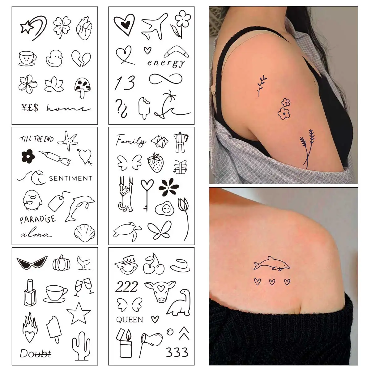 6 Sheets Temporary Tattoo Sticker Waterproof Body Art Minimalist line pattern Small Fake Tatto Flower Hand Tatoo for Women Men