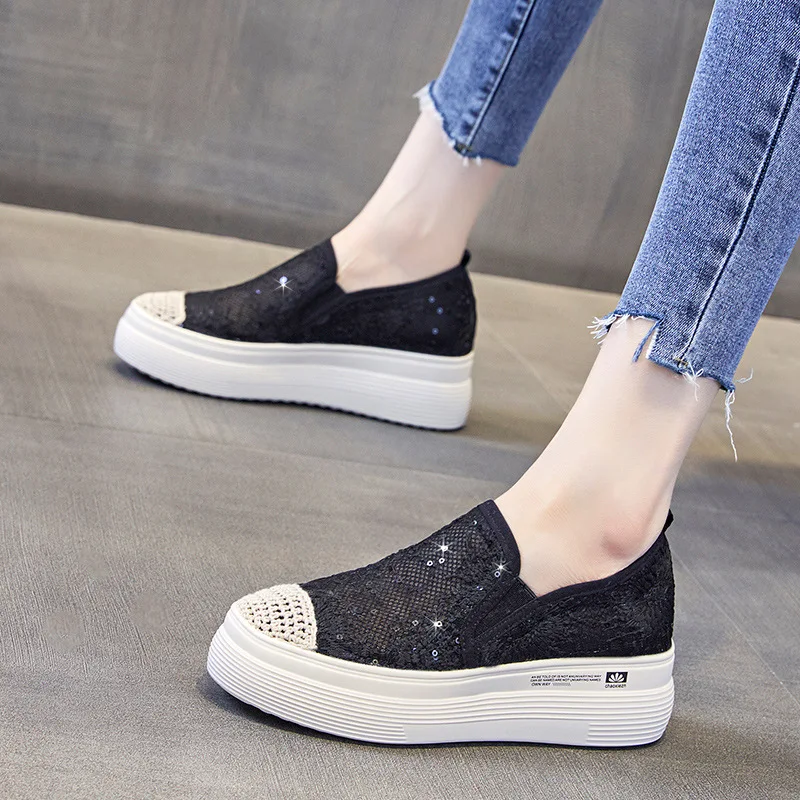 Fujin 7cm Lace Air Mesh Women Summer Shoes Slip on Fashion Sneakers Platform Shoes Wedge Heel Slipony for Female Breathable Shoe