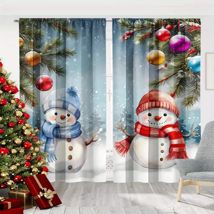 2PCS Double Snowman Christmas Print Curtains, Blue Red Scarf Pine Branch Bauble Window Drapes for Xmas Holiday Bedroom Decor