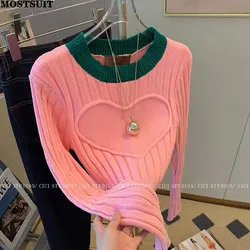 Pink Love Jacquard Slim Sweater Tops Women 2023 Spring Contrast Color Streetwear Chic Pullover Long Sleeve O-neck Ladies Jumpers