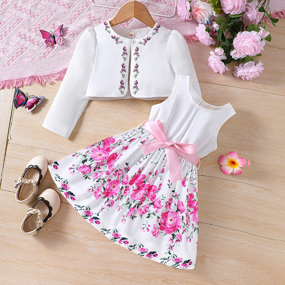 Kids Casual Clothing Sets Outfits for Girls Spring Summer Toddler Floral Print Long Sleeve Coat Tank Dress Children 2 3 4 5 6 7