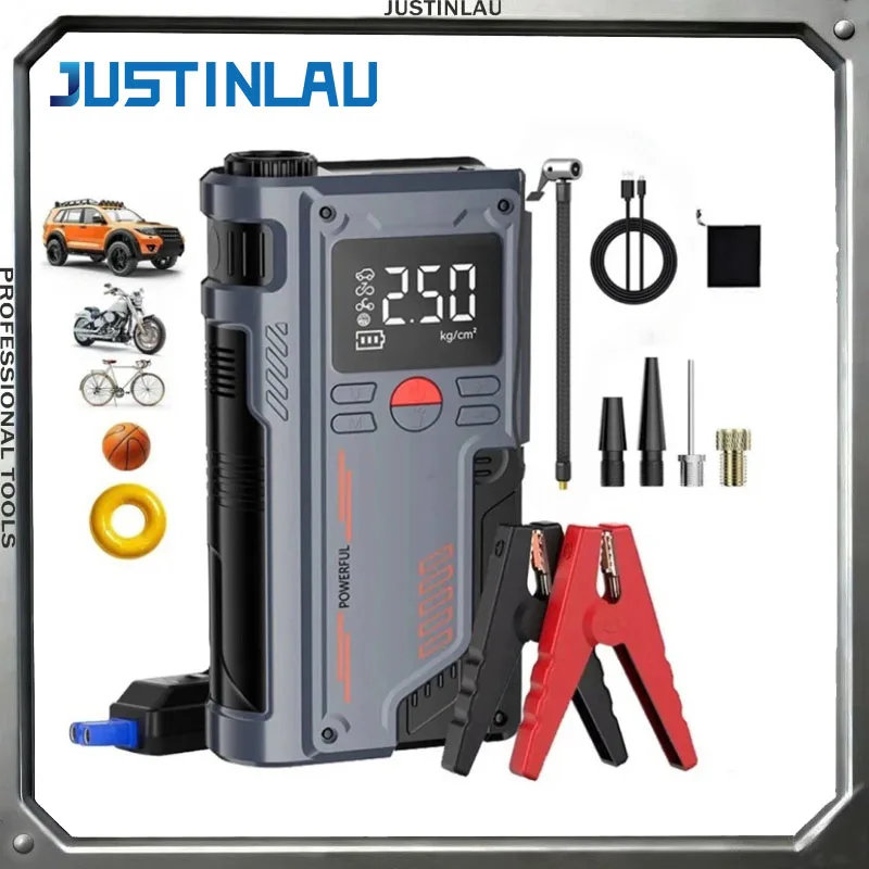 JUSTINLAU  Air Compressor 2-in-1 Portable 12V Battery Booster Power Bank Digital Tire Inflator Pump for Cars Motorcycles