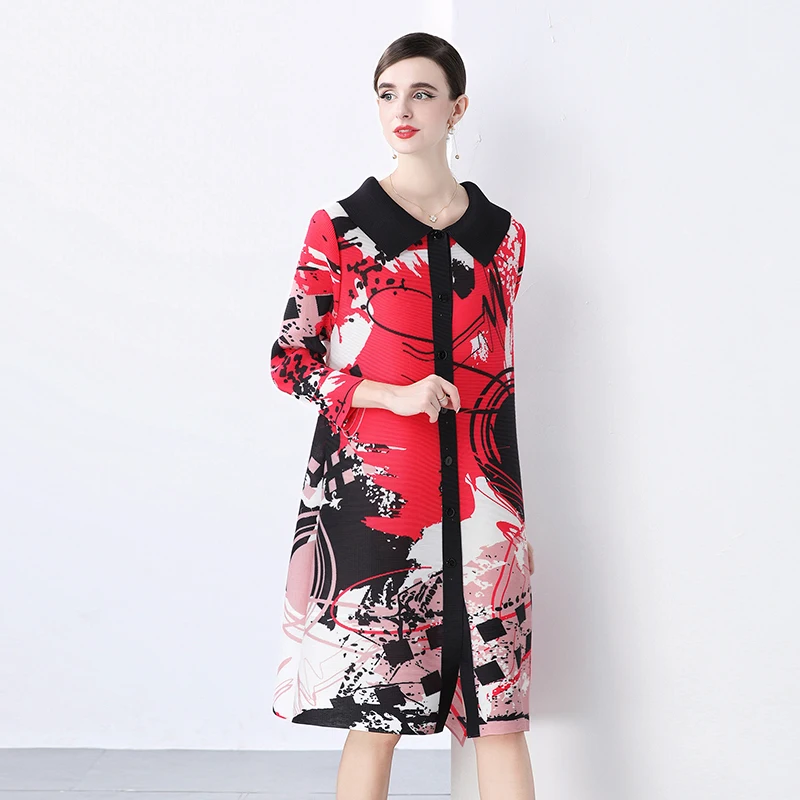 Miyake plissado lapela vestido 2025 verão novo tamanho grande abotoado cardigan vestido plissado xadrez emenda magia vestido longo